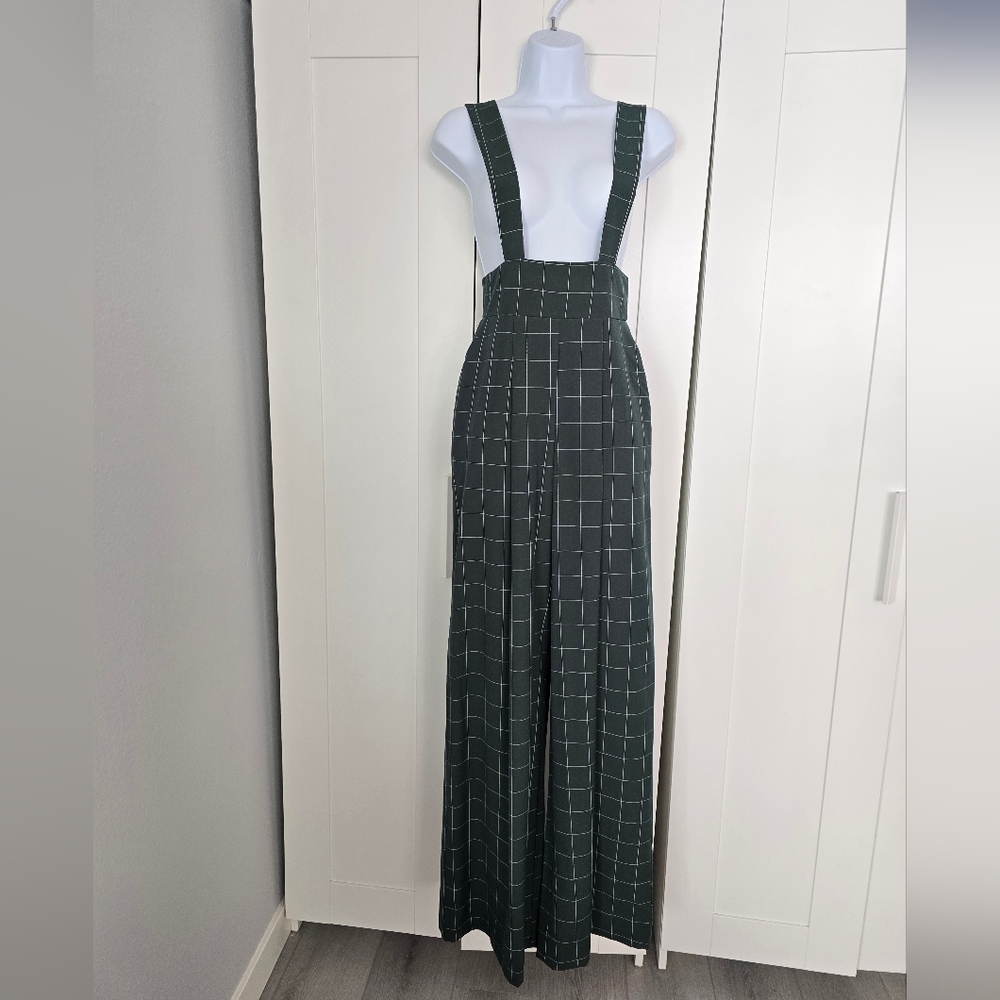 NWOT Rare Unique Vintage Windowpane Emerald Rochelle Plaid Suspender Pants - Picture 3 of 10